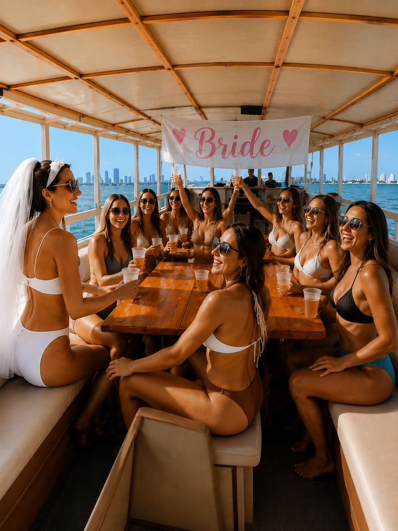 Bachelorette party celebrating aboard a private tiki boat cruise in Bradenton FL