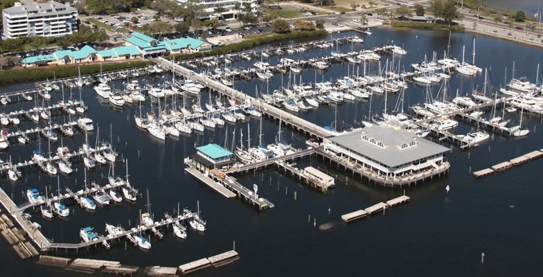 Aerial view of Regatta Pointe Marina in Palmetto FL, home port of the River Skipper II tiki boat