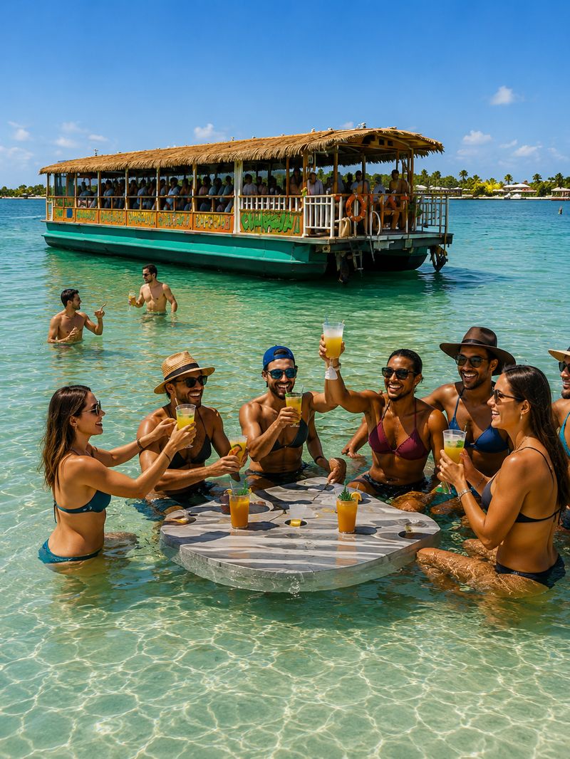 Friends enjoying drinks at a Gulf sandbar during a tiki boat beach run from Palmetto FL