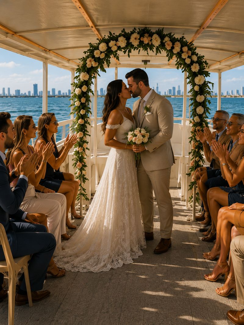 Wedding ceremony aboard a private tiki boat charter on the water in Florida